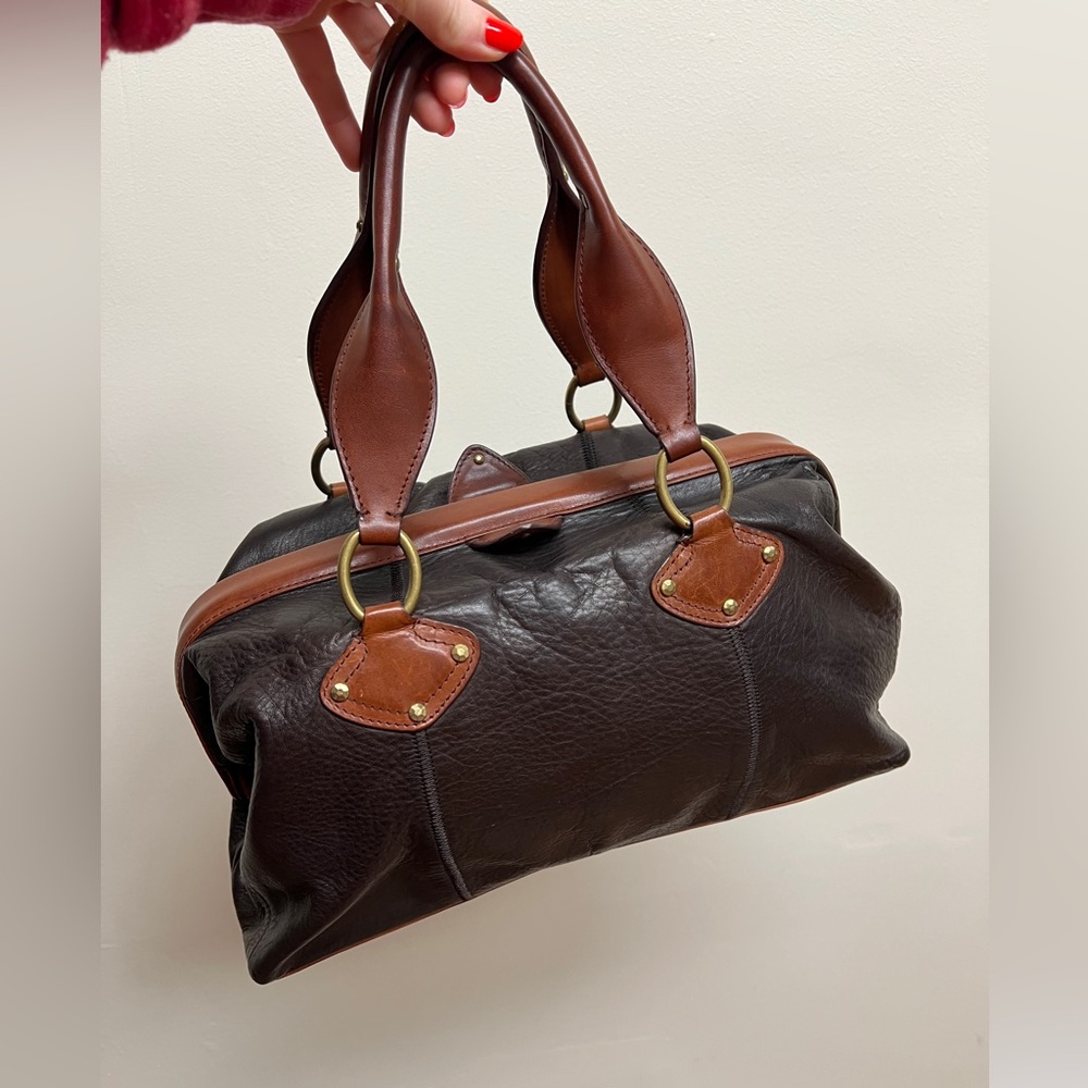 SIGRID Olsen Brown Leather Handbag doctors bag closure
